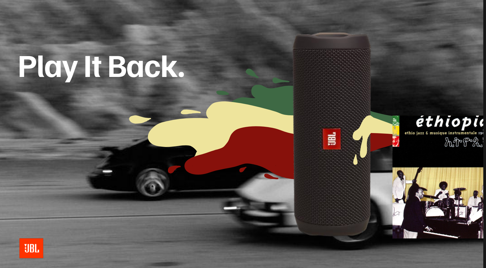 Play It Back JBL campaign concept featuring a speaker, vintage car and music imagery