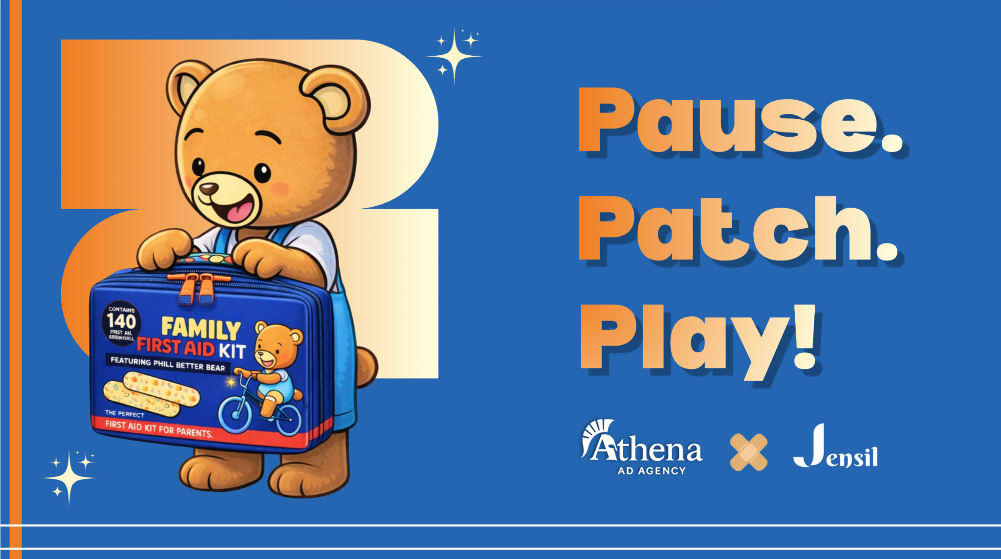 Jensil Pause. Patch. Play! campaign cover with a family first aid kit and bear mascot